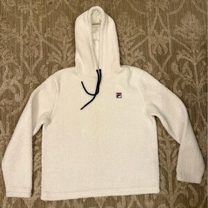 FILA Women’s White Navy Fuzzy Cozy Hoodie Hooded Sweater Size Large